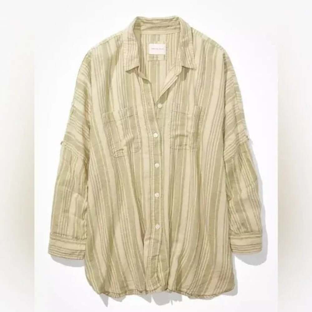 American Eagle Linen Blend Green Striped Button-Up Shirt Medium